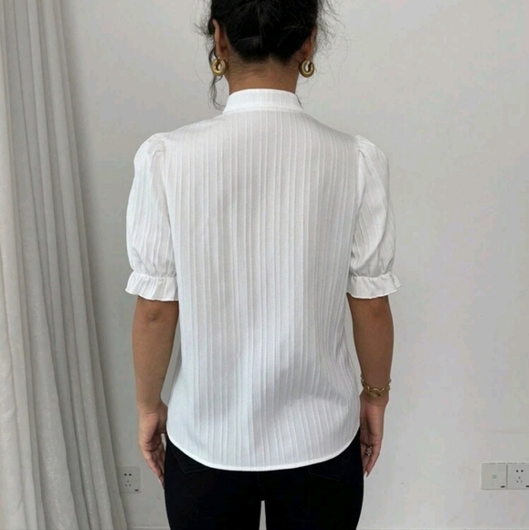 Fashion Versatile Stand Collar Bow Decor Bubble Sleeve Textured Fabric Women - Picture 4 of 4